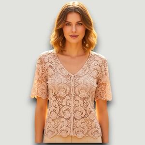 Questions by Say What Womens Cardigan M Light Beige Cotton Crochet Coquette